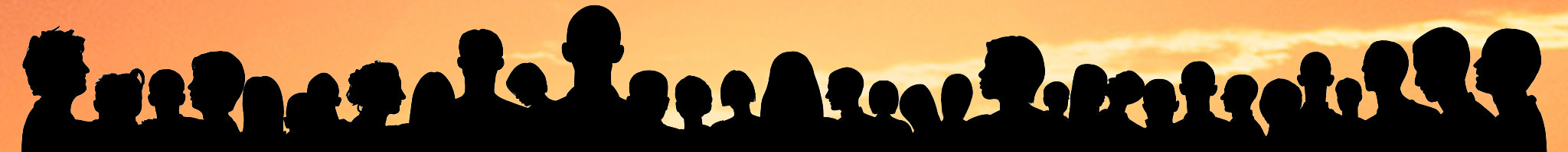 Large group of people silhouetted against a yellow and orange sunset.